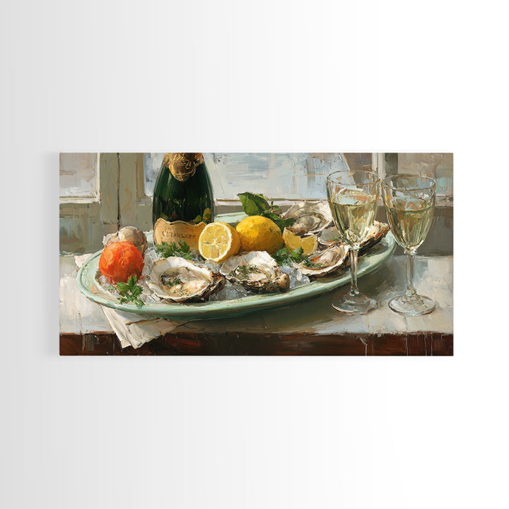 Oyster Platter with Lemons and Champagne Canvas Print, Restaurant Art, Watercolor Art, Restaurant Decor, Abstract Art, Bistro, RES-2x1-71