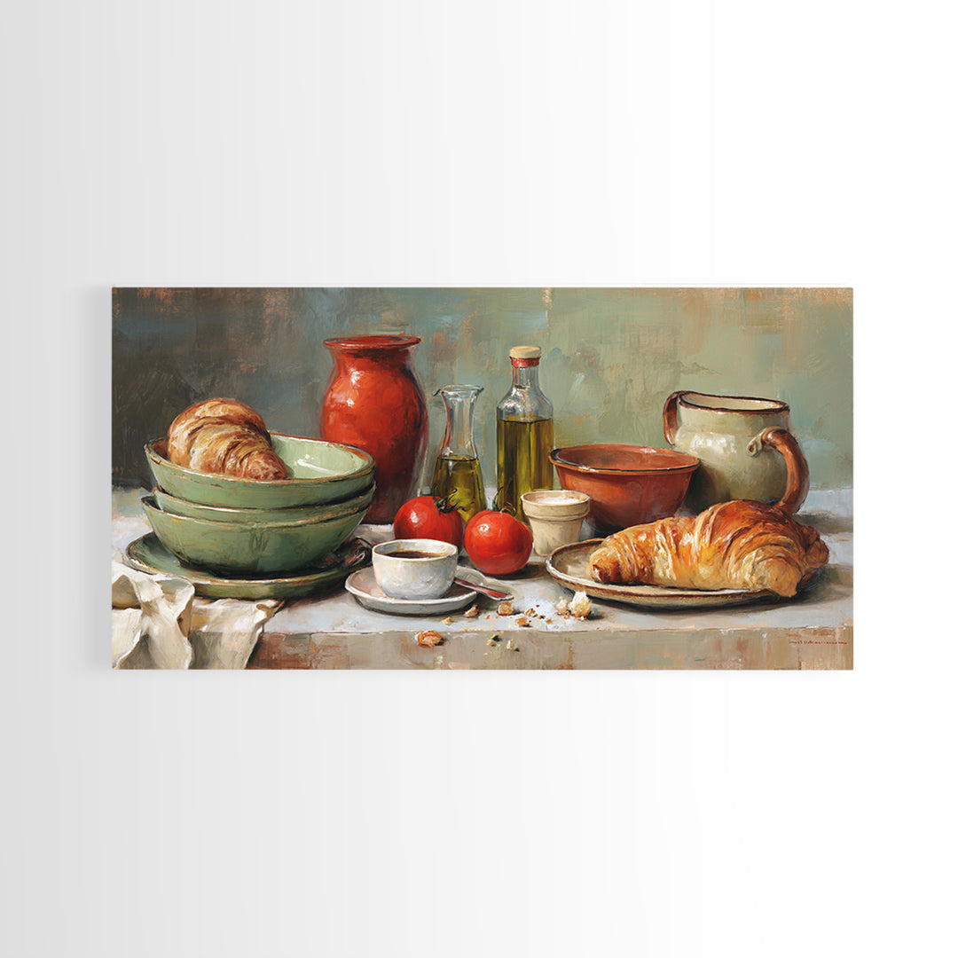 French Bistro Coffee and Croissant Still Life Canvas Print, Restaurant Art, Framed Wall Art, Restaurant Decor, Watercolor Art, RES-2x1-74