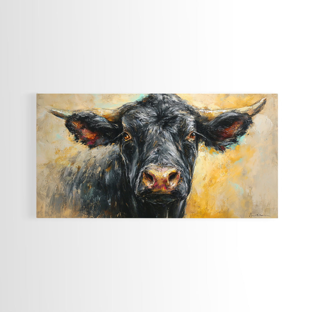 Steakhouse Black and Gold Bull Portrait Framed Canvas Print, Restaurant Art, Room Decor, Restaurant Decor, Oil Painting, Bistro, RES-2x1-75