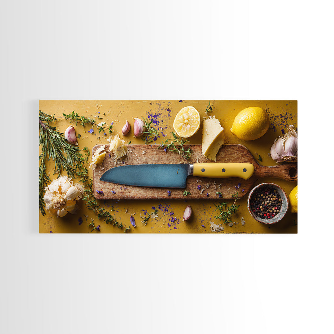 Chef Knife Herbs and Cutting Board Still Framed Canvas Print, Restaurant Art, Art Print, Restaurant Decor, Fine Art, Bistro, RES-2x1-9
