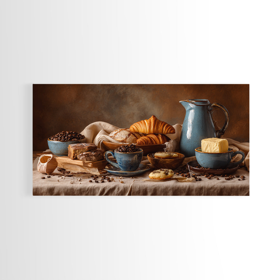 Coffee Beans and Pastry Arrangement Framed Canvas Print, Restaurant Art, Restaurant Decor, Oil Painting, Bistro, RES-2x1-90