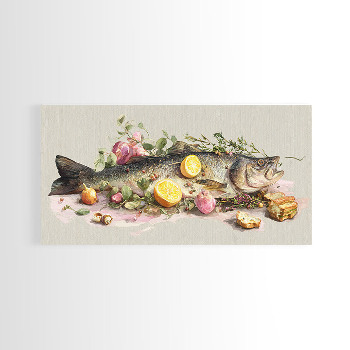 Fresh Fish with Lemon and Herbs Framed Canvas Print, Restaurant Art, Kitchen Decor, Restaurant Decor, Fine Art, Bistro, RES-2x1-91
