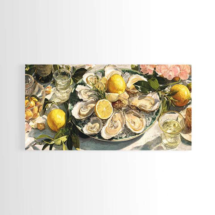 Oyster Platter with Lemons and Champagne Framed Canvas Print, Restaurant Art, Neutral Decor, Restaurant Decor, Fine Art, Bistro, RES-2x1-95