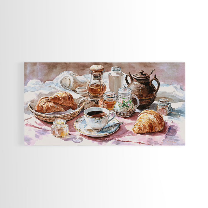 French Bistro Coffee and Croissant Still Life Canvas Print, Restaurant Art, Framed Wall Art, Restaurant Decor, Watercolor Art, RES-2x1-98