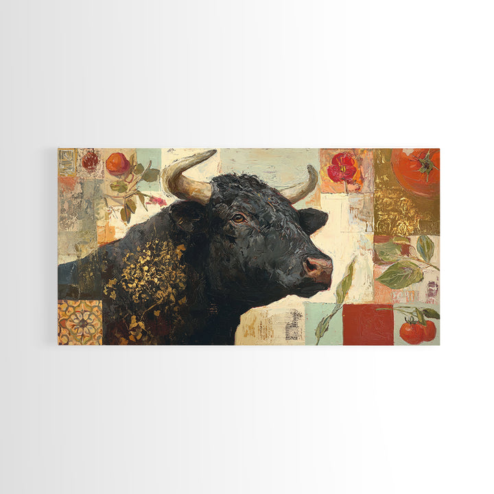 Steakhouse Black and Gold Bull Portrait Framed Canvas Print, Restaurant Art, Living Room Decor, Restaurant Decor, Bistro, RES-2x1-99