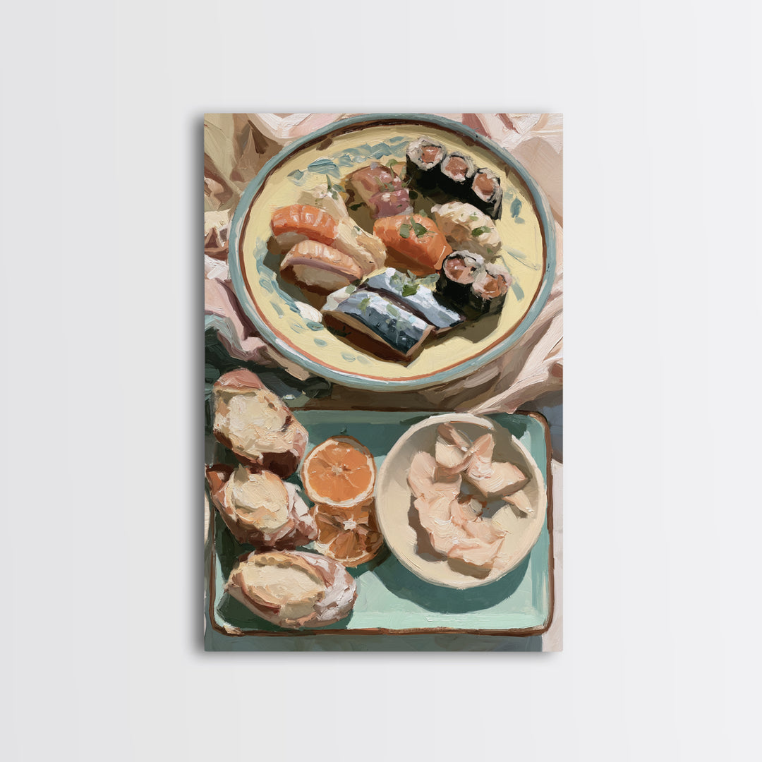 Sushi Fish and Ceramic Plate Composition Framed Canvas Print, Restaurant Art, Kitchen Decor, Restaurant Decor, Fine Art, Bistro, RES-2x3-13