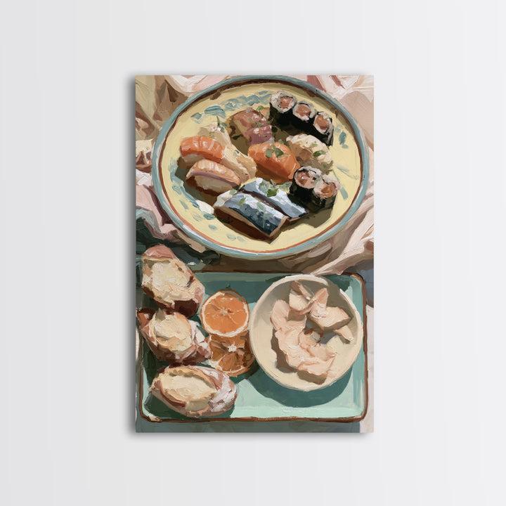 Sushi Fish and Ceramic Plate Composition Framed Canvas Print, Restaurant Art, Kitchen Decor, Restaurant Decor, Fine Art, Bistro, RES-2x3-13