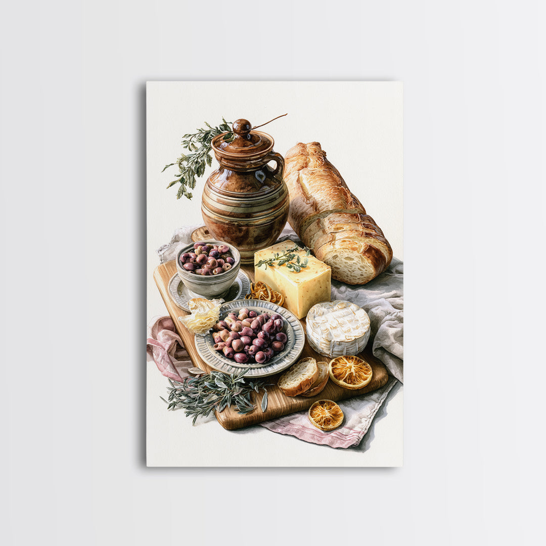 Mediterranean Olives Bread and Cheese Board Canvas Print, Restaurant Art, Kitchen Wall Art, Restaurant Decor, Bistro, RES-2x3-17