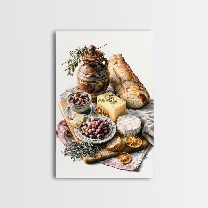 Mediterranean Olives Bread and Cheese Board Canvas Print, Restaurant Art, Kitchen Wall Art, Restaurant Decor, Bistro, RES-2x3-17