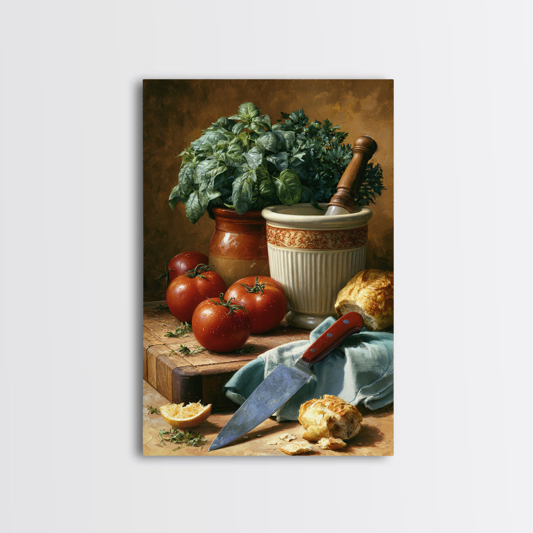 Chef Knife Herbs and Cutting Board Still Framed Canvas Print, Restaurant Art, Restaurant Decor, Oil Painting, Bistro, RES-2x3-21