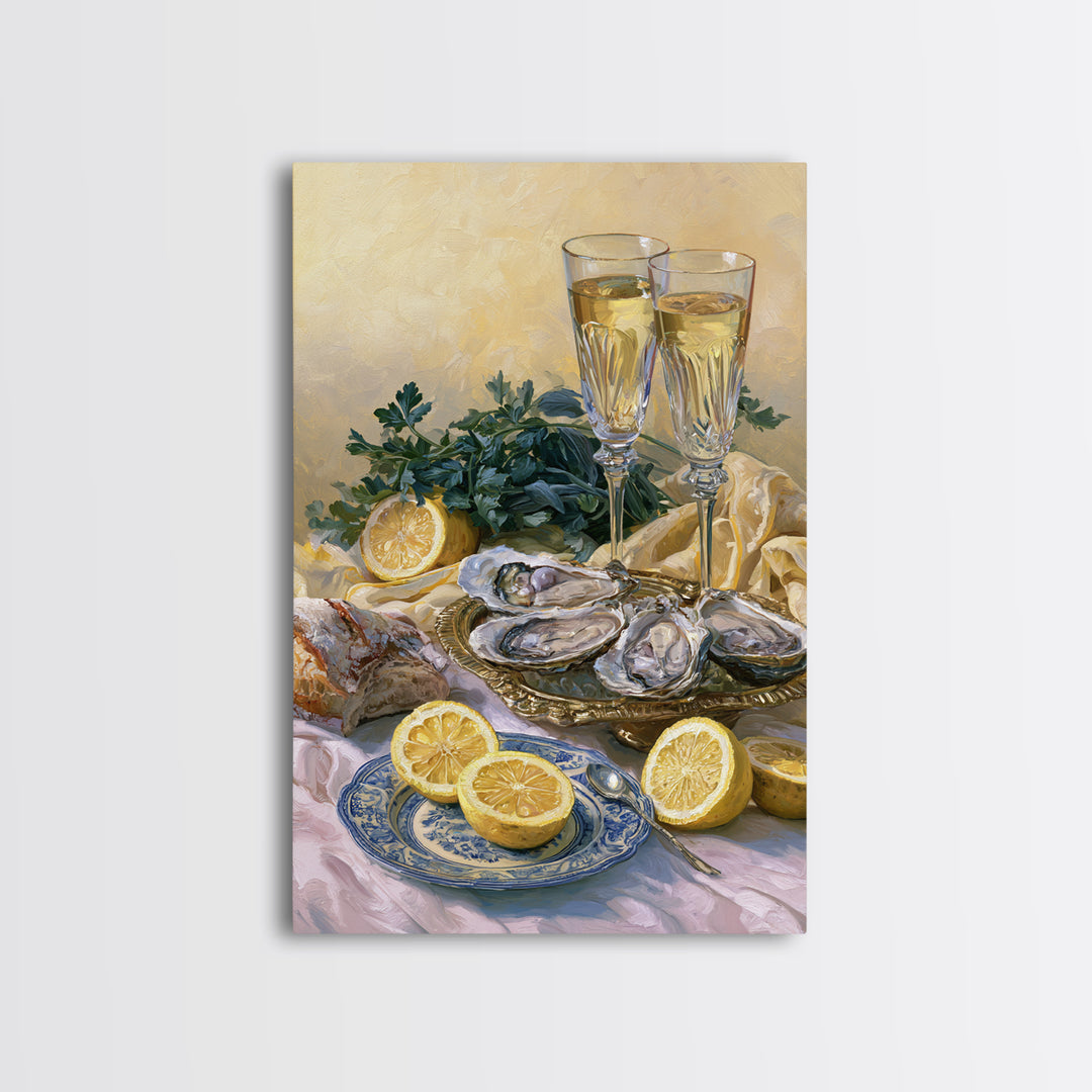 Oyster Platter with Lemons and Champagne Canvas Print, Restaurant Art, Framed Wall Art, Restaurant Decor, Watercolor Art, RES-2x3-35