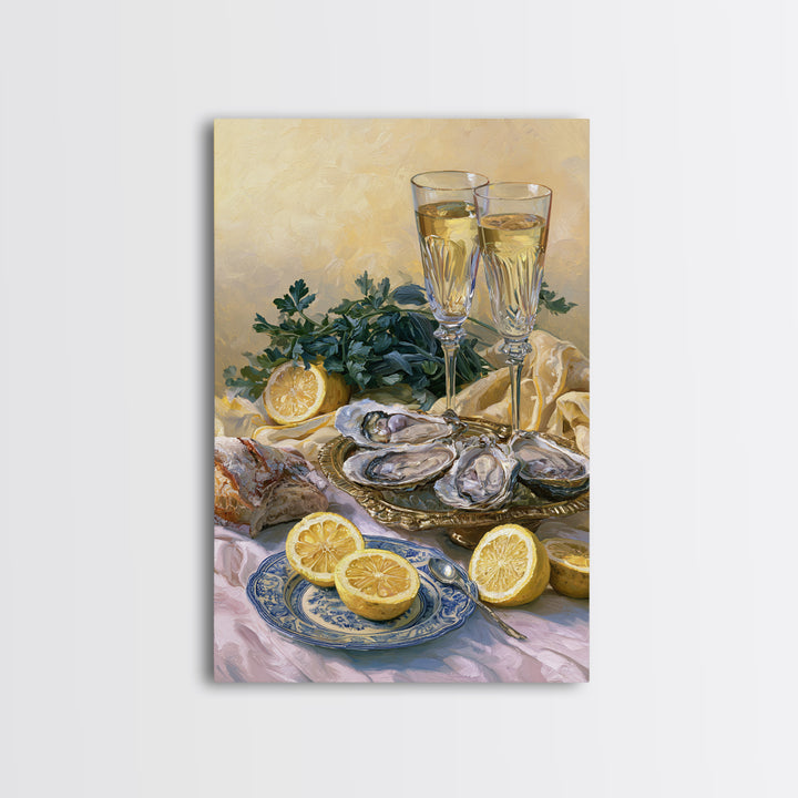 Oyster Platter with Lemons and Champagne Canvas Print, Restaurant Art, Framed Wall Art, Restaurant Decor, Watercolor Art, RES-2x3-35