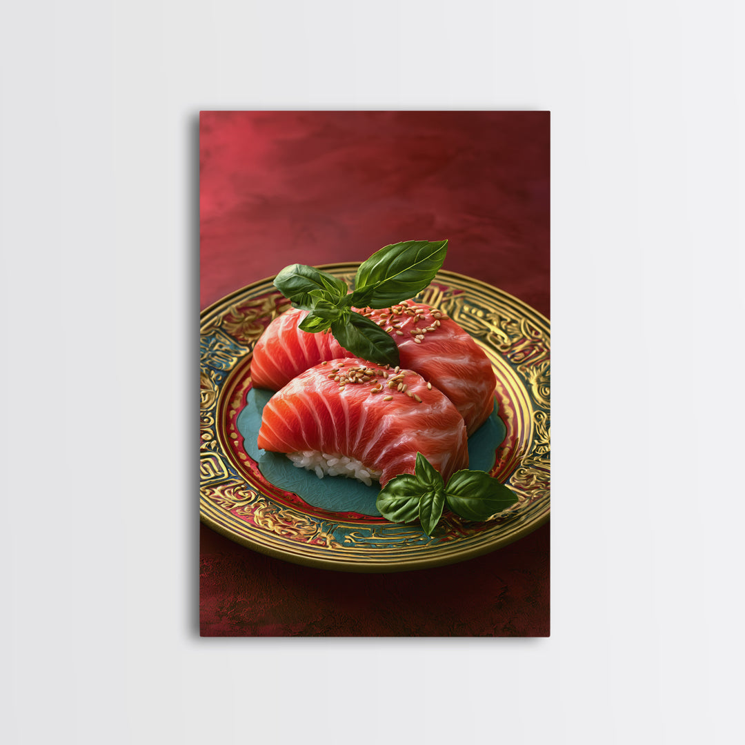 Sushi Fish and Ceramic Plate Composition Framed Canvas Print, Restaurant Art, Kitchen Decor, Restaurant Decor, Fine Art, Bistro, RES-2x3-37
