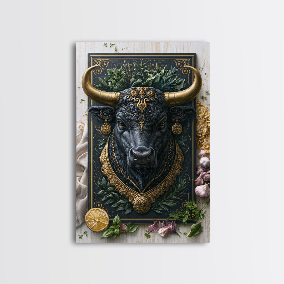 Steakhouse Black and Gold Bull Portrait Canvas Print, Restaurant Art, Canvas Wall Art, Restaurant Decor, Oil Painting, Bistro, RES-2x3-39
