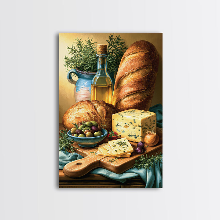 Mediterranean Olives Bread and Cheese Board Canvas Print, Restaurant Art, Kitchen Wall Art, Restaurant Decor, Bistro, RES-2x3-41