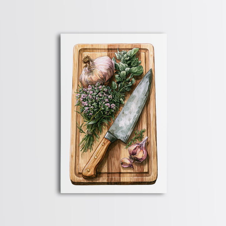 Chef Knife Herbs and Cutting Board Still Canvas Print, Restaurant Art, Digital Print, Restaurant Decor, Fine Art, Bistro, RES-2x3-45