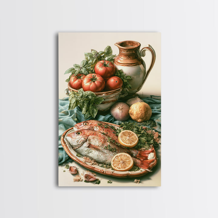 Fresh Fish with Lemon and Herbs Framed Canvas Print, Restaurant Art, Large Wall Art, Restaurant Decor, Fine Art, Bistro, RES-2x3-55