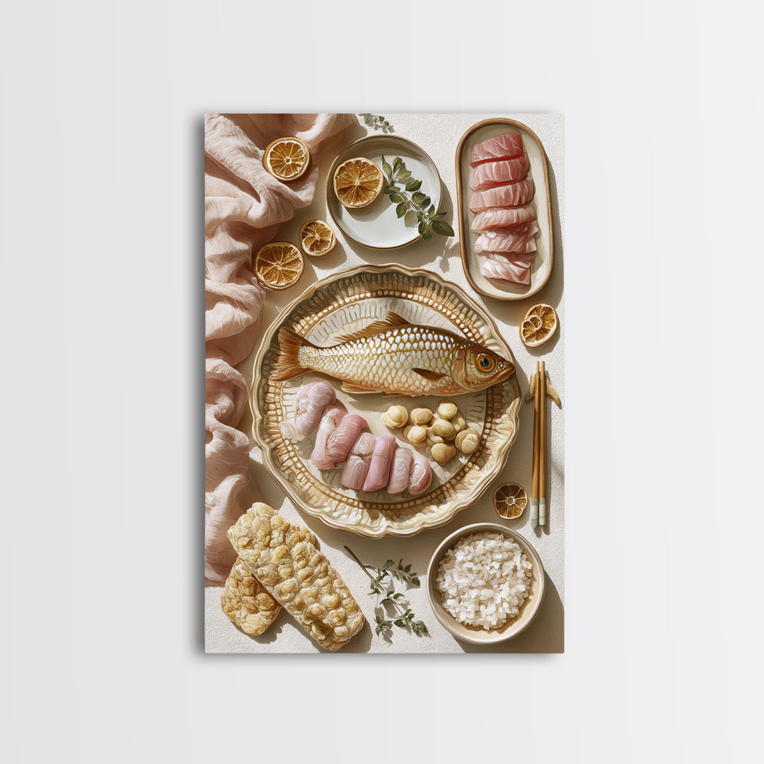 Sushi Fish and Ceramic Plate Composition Canvas Print, Restaurant Art, Kitchen Art, Restaurant Decor, Fine Art, Bistro, RES-2x3-61