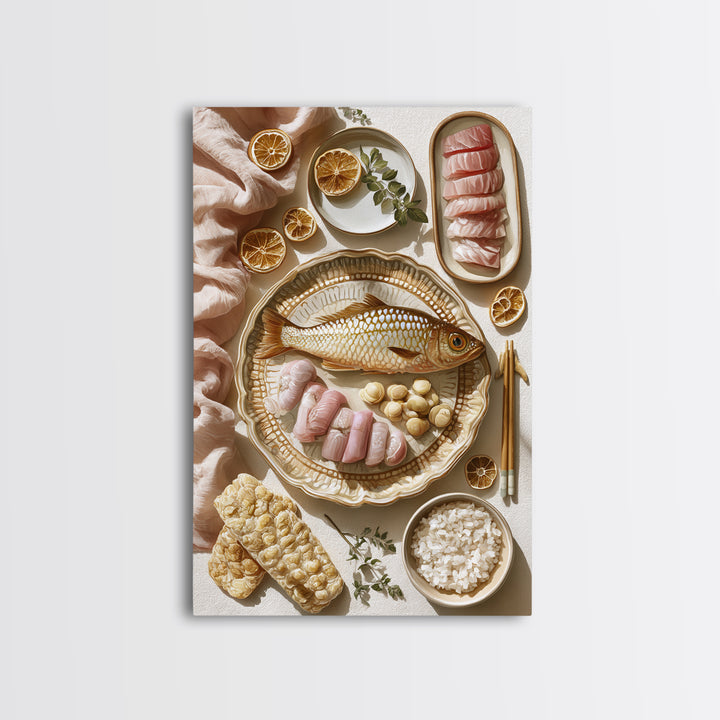 Sushi Fish and Ceramic Plate Composition Canvas Print, Restaurant Art, Kitchen Art, Restaurant Decor, Fine Art, Bistro, RES-2x3-61