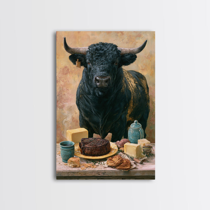 Steakhouse Black and Gold Bull Portrait Framed Canvas Print, Restaurant Art, Farmhouse Decor, Restaurant Decor, Bistro, RES-2x3-63