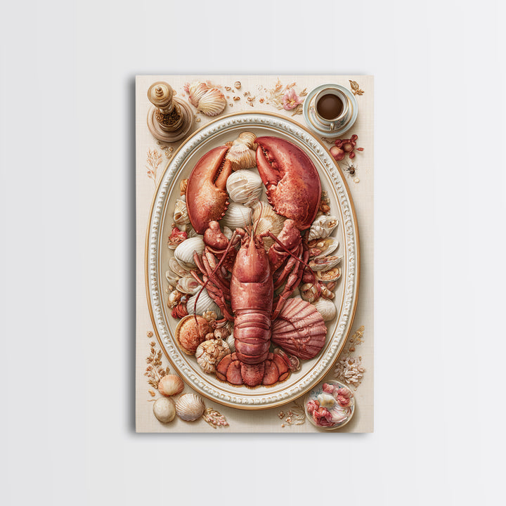 Seafood Lobster and Shell Arrangement Framed Canvas Print, Restaurant Art, Printable Wall Art, Restaurant Decor, Bistro, RES-2x3-64