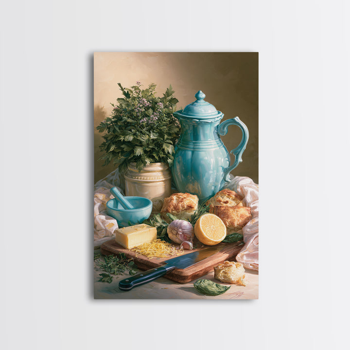 Chef Knife Herbs and Cutting Board Still Framed Canvas Print, Restaurant Art, Living Room Decor, Restaurant Decor, Bistro, RES-2x3-69