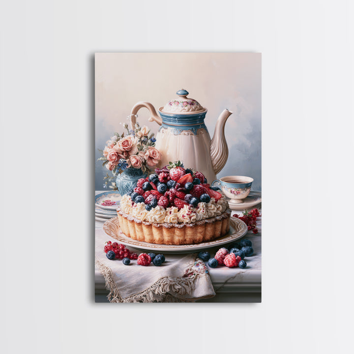 Dessert Tart with Berries and Cream Canvas Print, Restaurant Art, Wall Art Prints, Restaurant Decor, Oil Painting, Bistro, RES-2x3-72