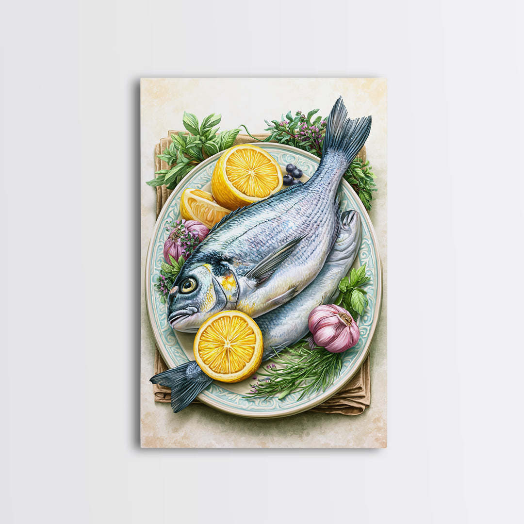Fresh Fish with Lemon and Herbs Canvas Print, Restaurant Art, Printable Art, Restaurant Decor, Fine Art, Bistro, Watercolor Art, RES-2x3-79