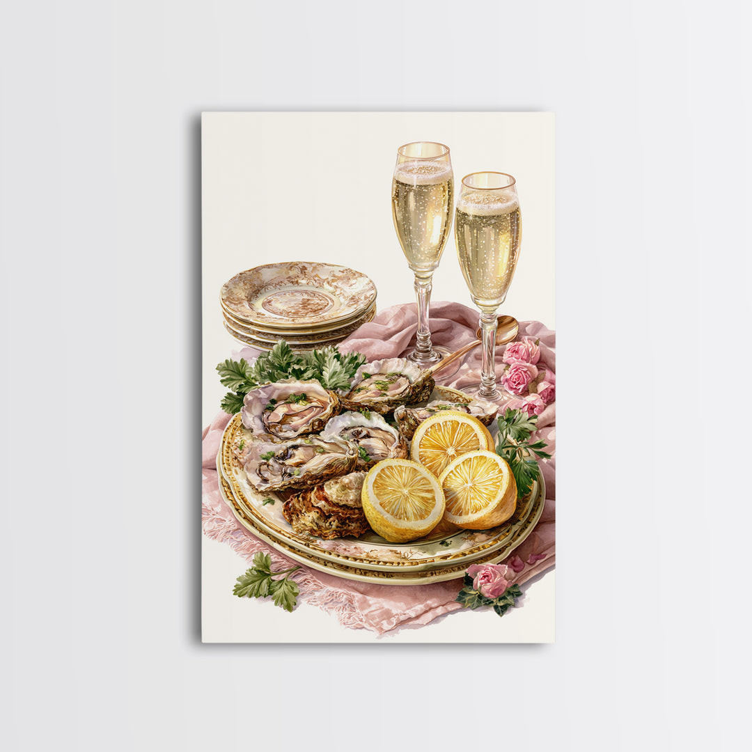 Oyster Platter with Lemons and Champagne Framed Canvas Print, Restaurant Art, Watercolor Art, Restaurant Decor, Abstract Art, RES-2x3-83
