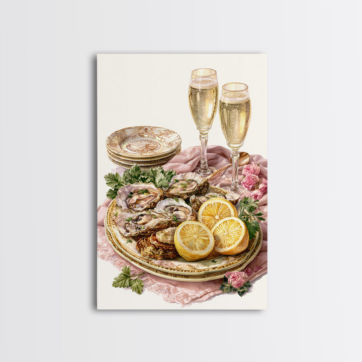 Oyster Platter with Lemons and Champagne Framed Canvas Print, Restaurant Art, Watercolor Art, Restaurant Decor, Abstract Art, RES-2x3-83
