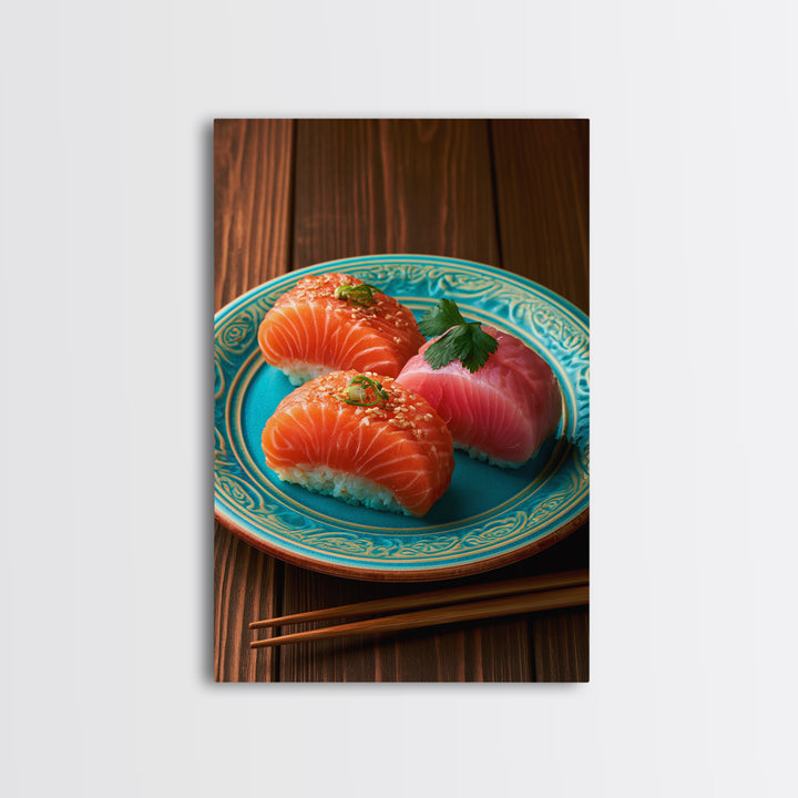 Sushi Fish and Ceramic Plate Composition Framed Canvas Print, Restaurant Art, Canvas Print, Restaurant Decor, Fine Art, Bistro, RES-2x3-85
