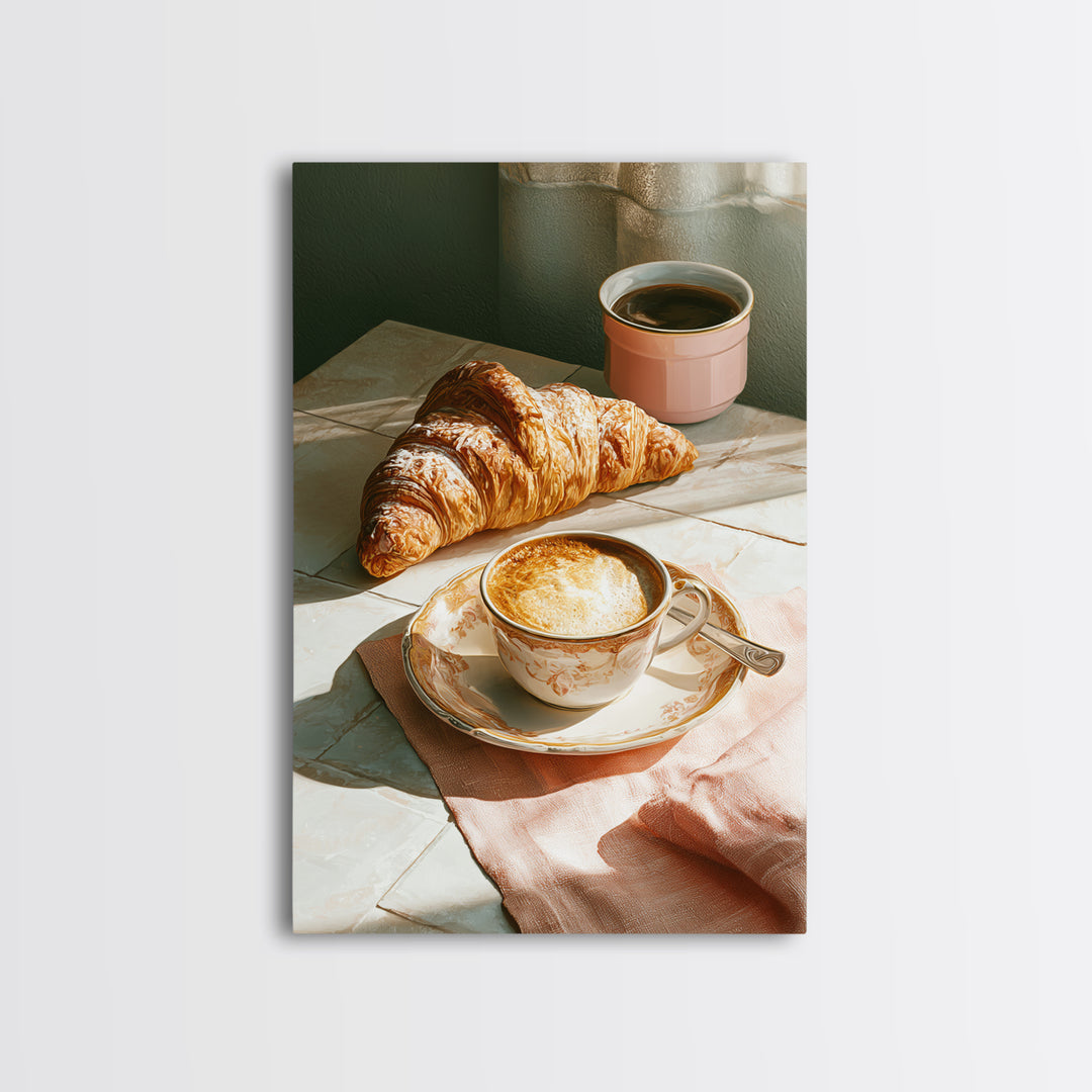 French Bistro Coffee and Croissant Still Life Canvas Print, Restaurant Art, Kitchen Wall Art, Restaurant Decor, Abstract Art, RES-2x3-86
