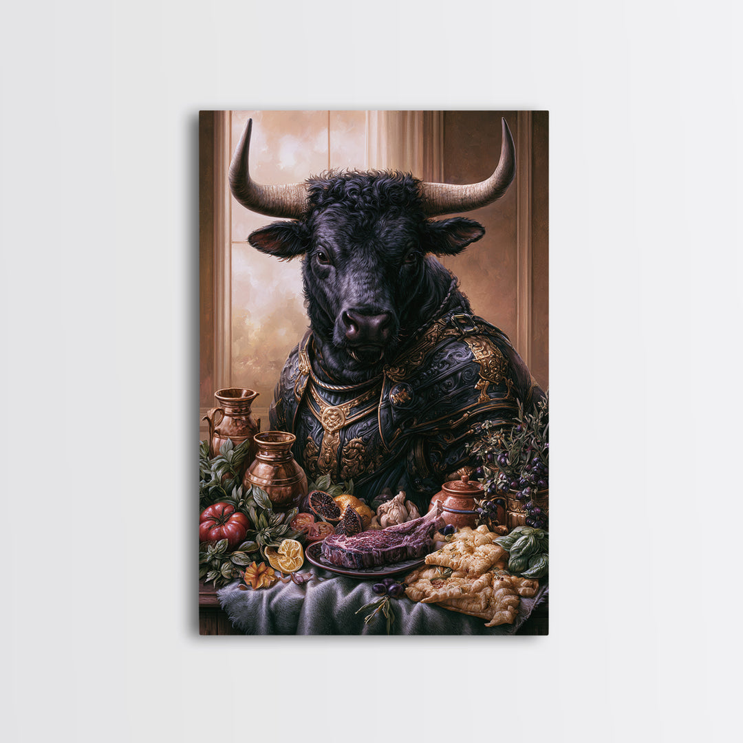 Steakhouse Black and Gold Bull Portrait Framed Canvas Print, Restaurant Art, Stained Glass Art, Restaurant Decor, Bistro, RES-2x3-87