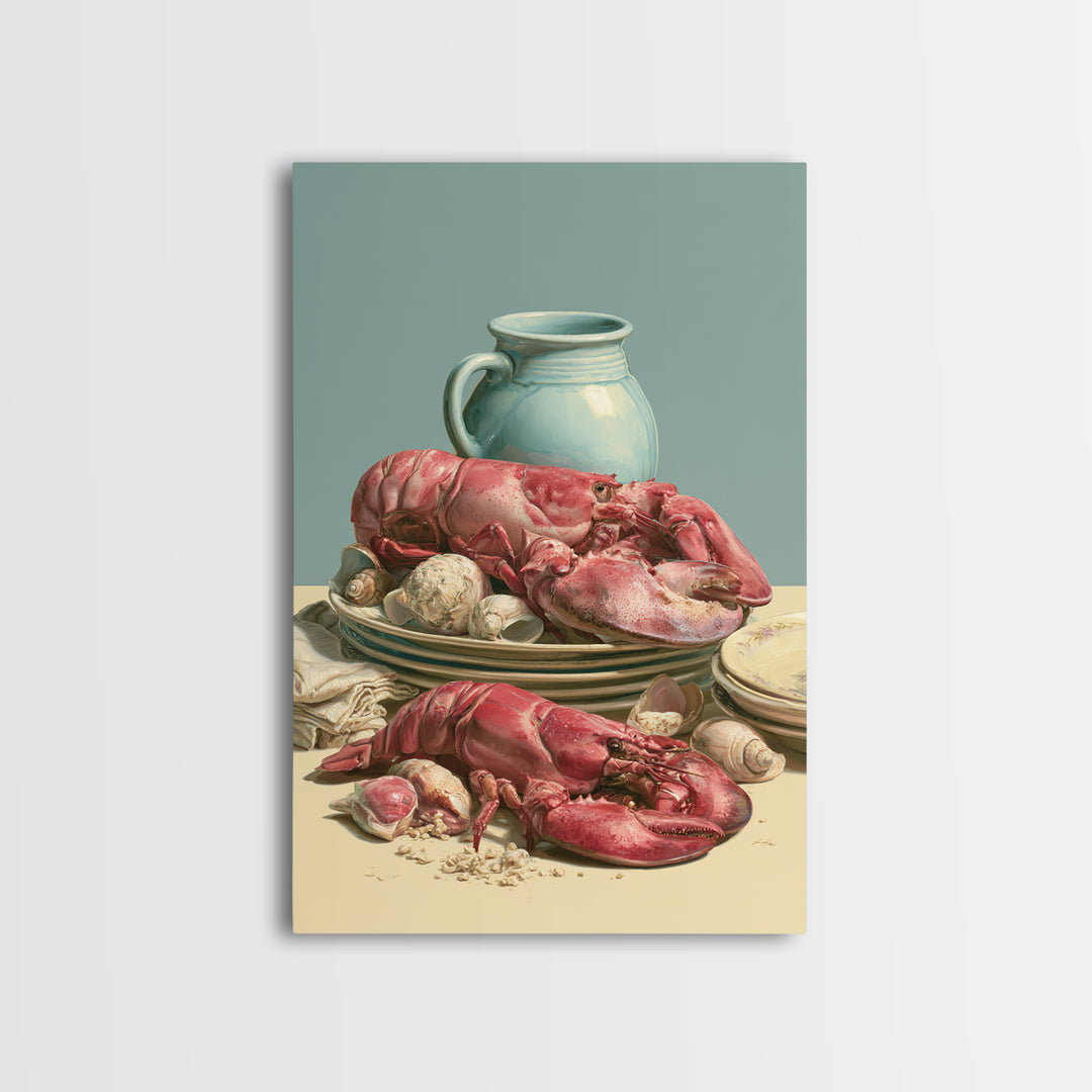 Seafood Lobster and Shell Arrangement Framed Canvas Print, Restaurant Art, Kitchen Art, Restaurant Decor, Fine Art, Bistro, RES-2x3-88