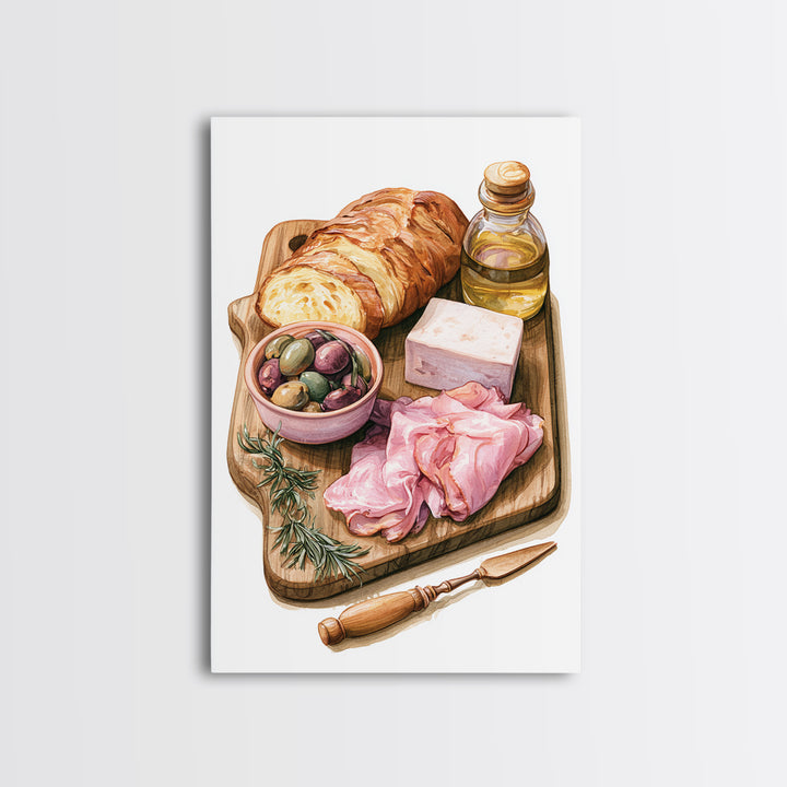 Mediterranean Olives Bread and Cheese Board Canvas Print, Restaurant Art, Bedroom Wall Art, Restaurant Decor, Bistro, RES-2x3-89