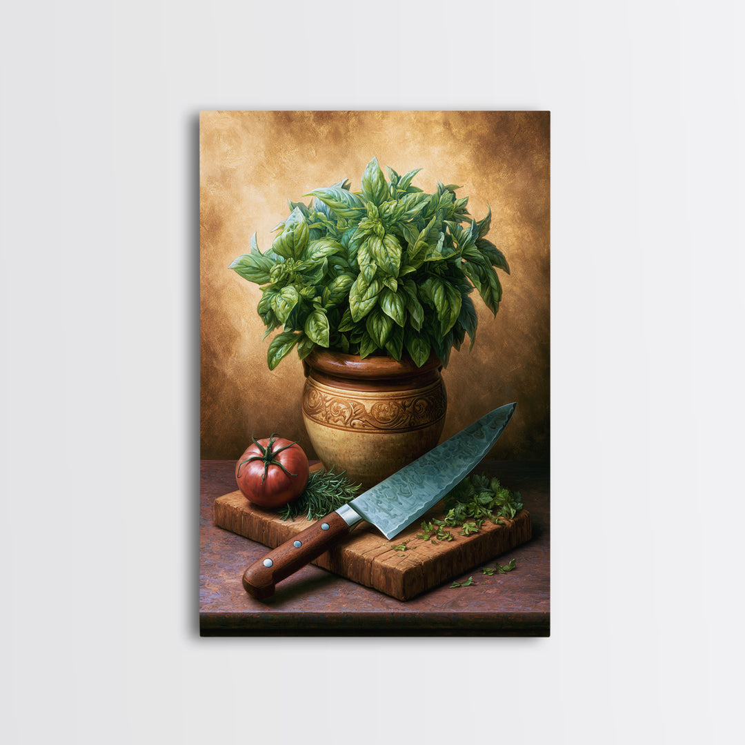 Chef Knife Herbs and Cutting Board Still Framed Canvas Print, Restaurant Art, Living Room Decor, Restaurant Decor, Bistro, RES-2x3-93