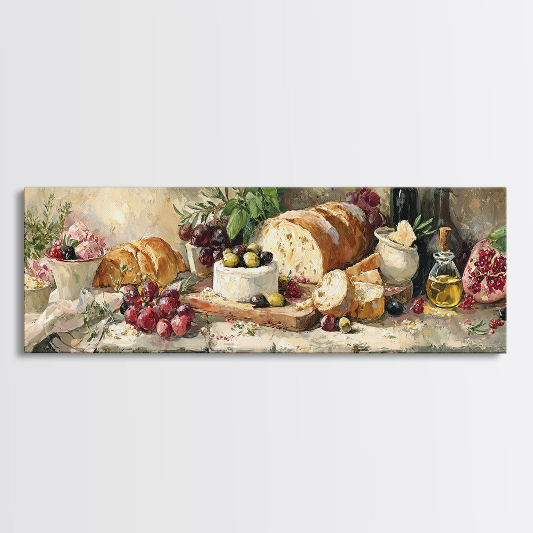 Mediterranean Olives Bread and Cheese Board Framed Canvas Print, Restaurant Art, Wall Art Print, Restaurant Decor, Bistro, RES-3x1-1