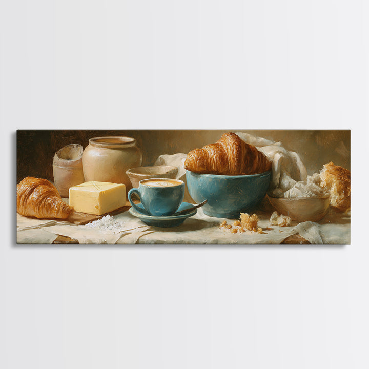 French Bistro Coffee and Croissant Still Life Canvas Print, Restaurant Art, Restaurant Decor, Abstract Art, Bistro, RES-3x1-22