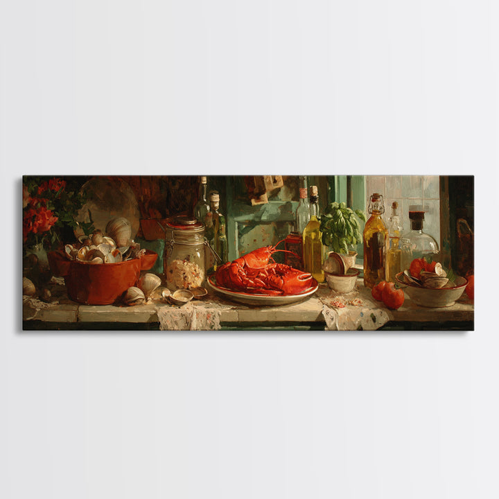 Seafood Lobster and Shell Arrangement Canvas Print, Restaurant Art, Cool Wall Art, Restaurant Decor, Fine Art, Bistro, RES-3x1-24