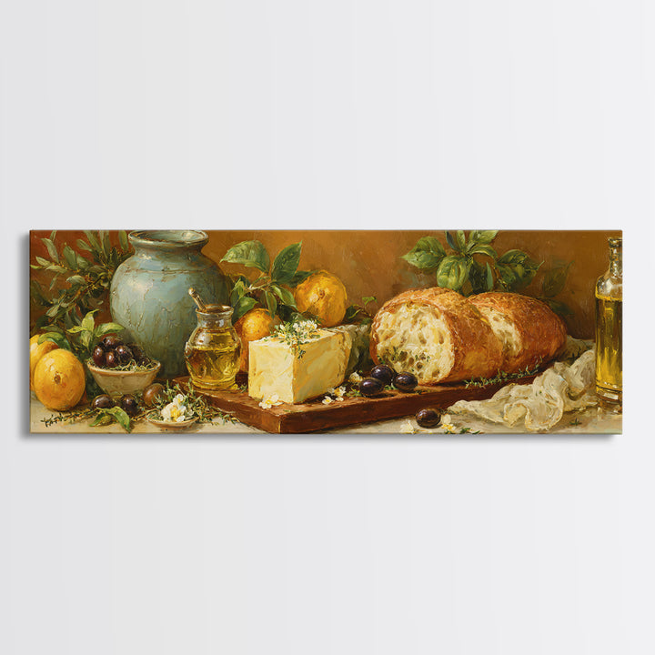 Mediterranean Olives Bread and Cheese Board Canvas Print, Restaurant Art, Watercolor Art, Restaurant Decor, Abstract Art, RES-3x1-25