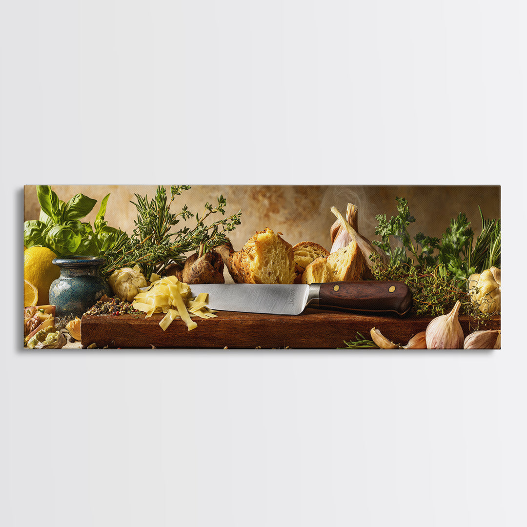 Chef Knife Herbs and Cutting Board Still Framed Canvas Print, Restaurant Art, Stained Glass Art, Restaurant Decor, Bistro, RES-3x1-53
