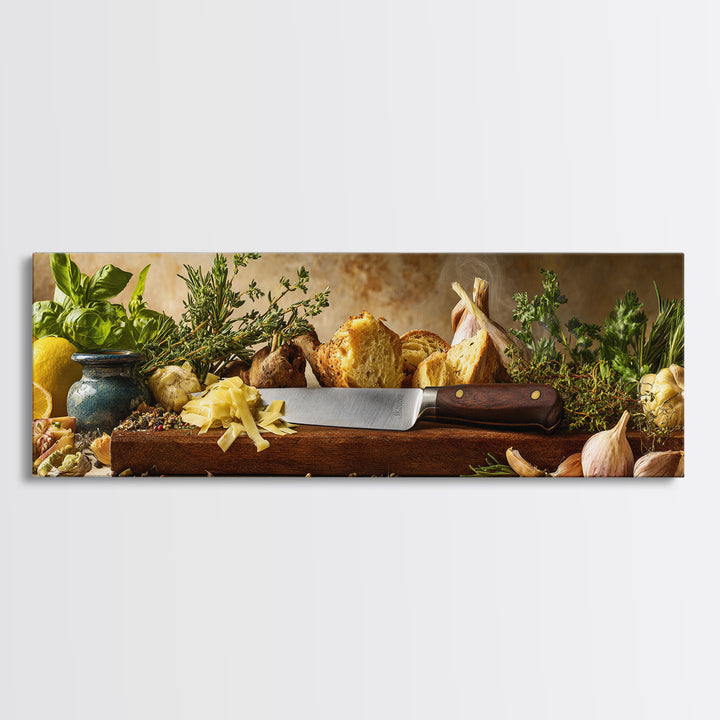 Chef Knife Herbs and Cutting Board Still Framed Canvas Print, Restaurant Art, Stained Glass Art, Restaurant Decor, Bistro, RES-3x1-53