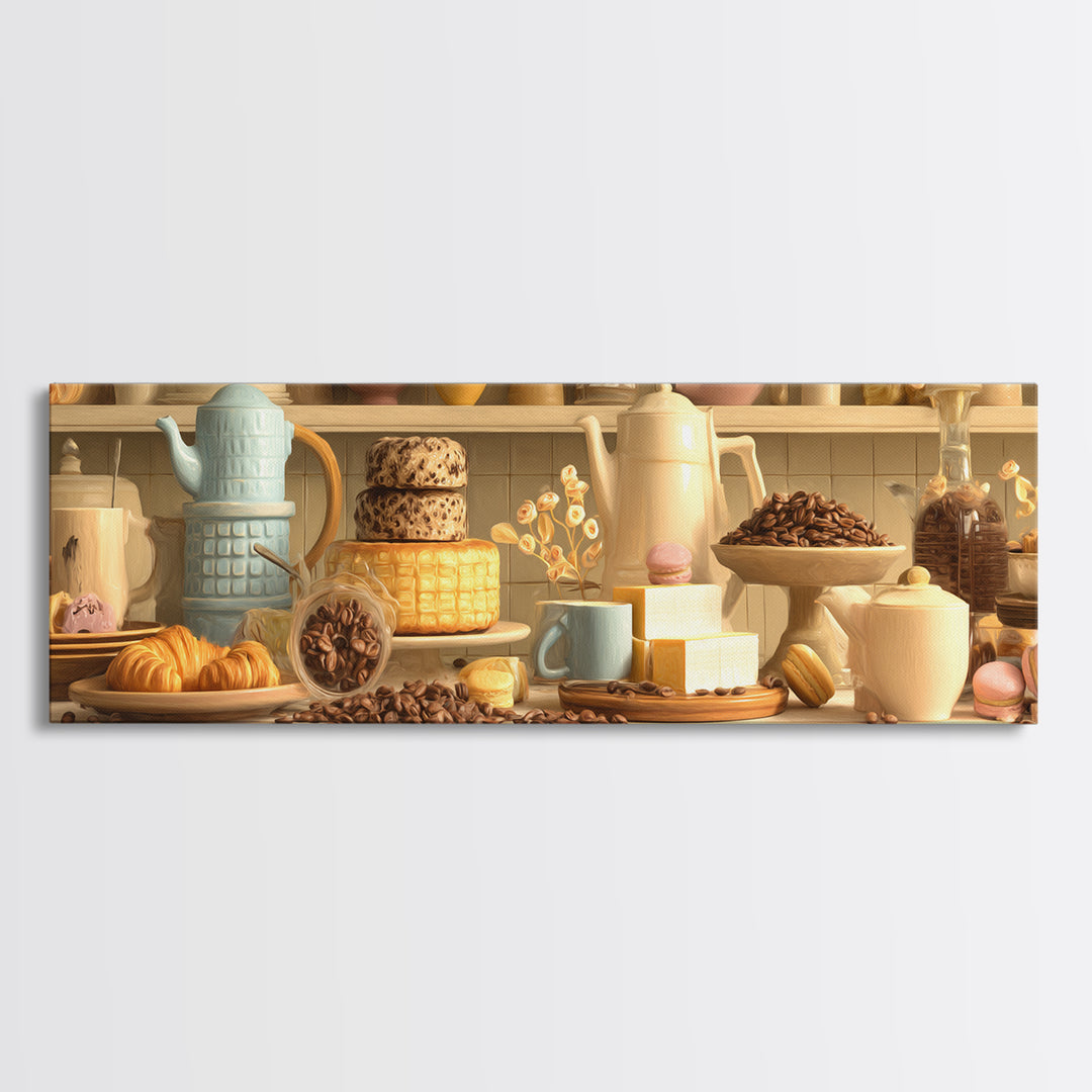 Coffee Beans and Pastry Arrangement Canvas Print, Restaurant Art, Boho Decor, Restaurant Decor, Oil Painting, Bistro, RES-3x1-62