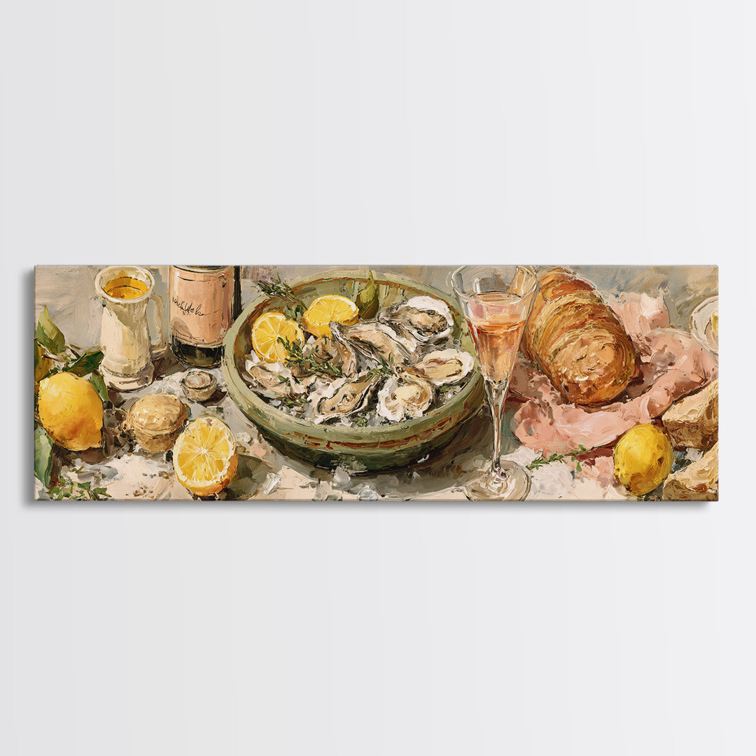 Oyster Platter with Lemons and Champagne Framed Canvas Print, Restaurant Art, Kitchen Wall Art, Restaurant Decor, Abstract Art, RES-3x1-67