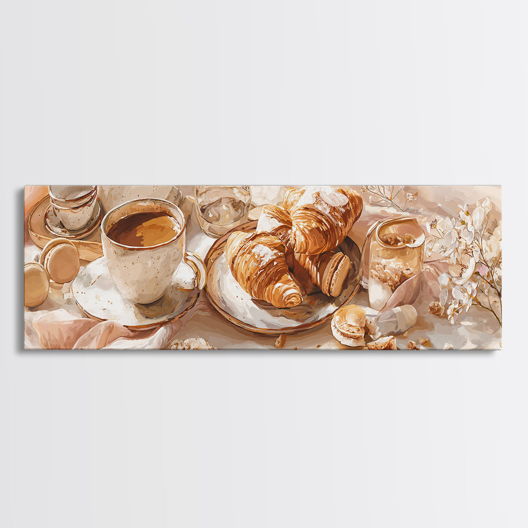 French Bistro Coffee and Croissant Still Life Canvas Print, Restaurant Art, Wall Art, Restaurant Decor, Oil Painting, Bistro, RES-3x1-70