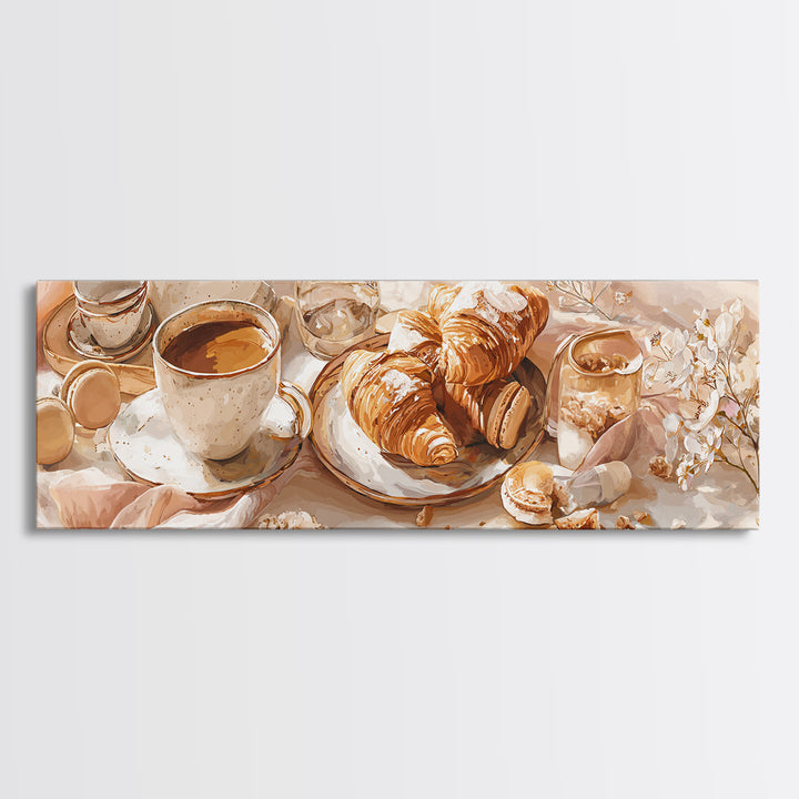 French Bistro Coffee and Croissant Still Life Canvas Print, Restaurant Art, Wall Art, Restaurant Decor, Oil Painting, Bistro, RES-3x1-70