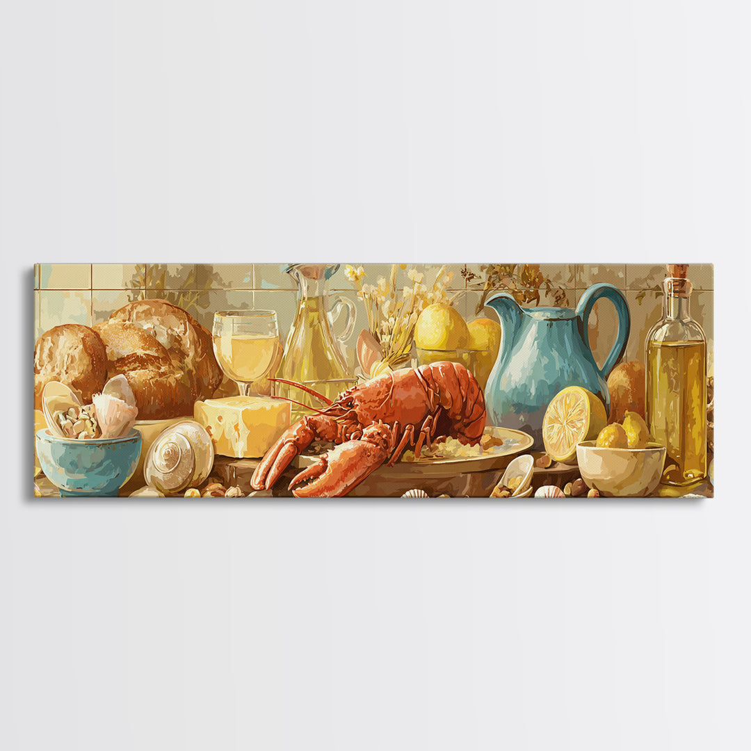 Seafood Lobster and Shell Arrangement Framed Canvas Print, Restaurant Art, Poster, Restaurant Decor, Fine Art, Bistro, RES-3x1-72