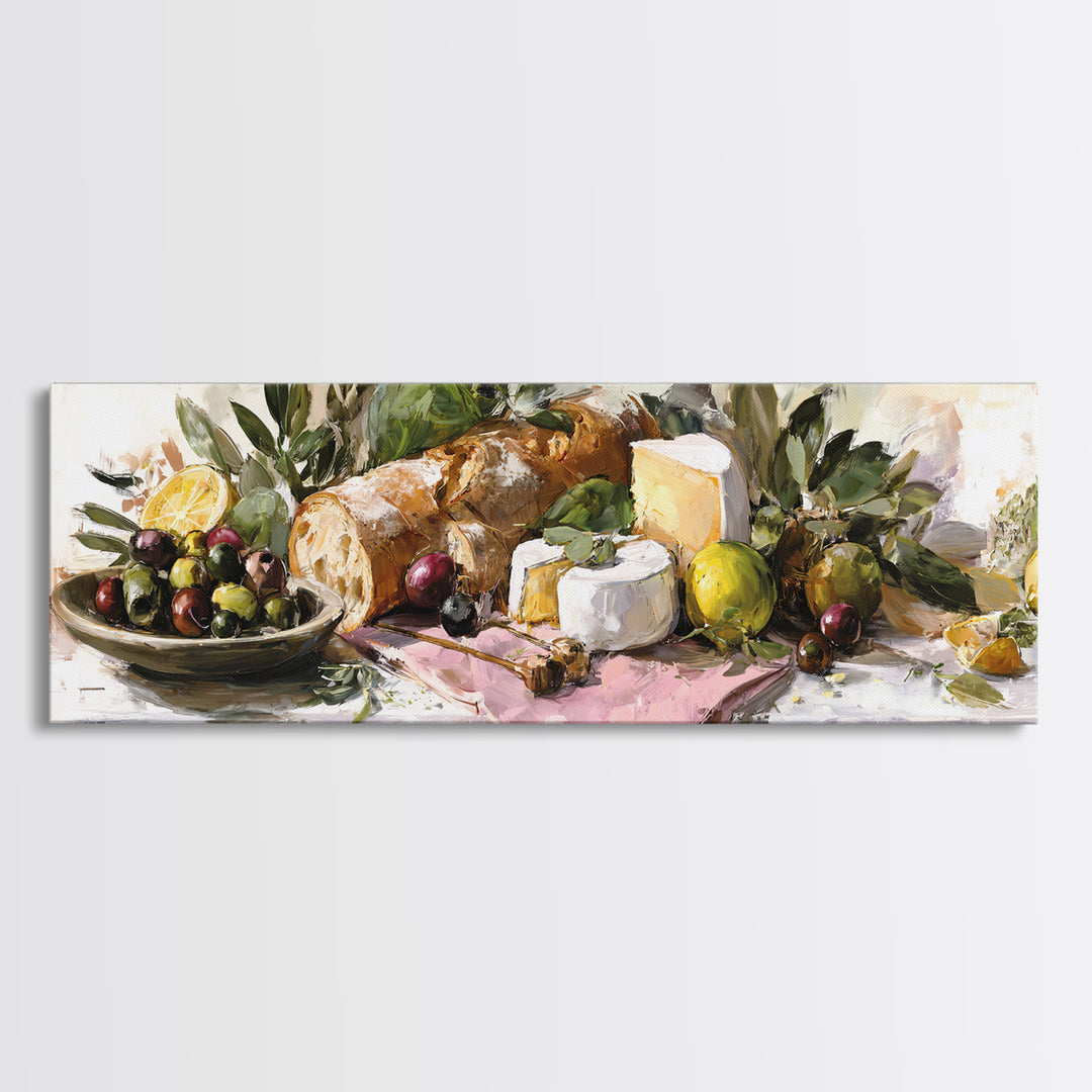 Mediterranean Olives Bread and Cheese Board Framed Canvas Print, Restaurant Art, Neutral Decor, Restaurant Decor, Bistro, RES-3x1-73
