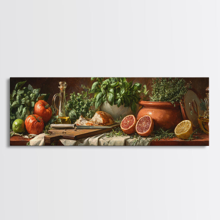 Chef Knife Herbs and Cutting Board Still Framed Canvas Print, Restaurant Art, Stained Glass Art, Restaurant Decor, Bistro, RES-3x1-77