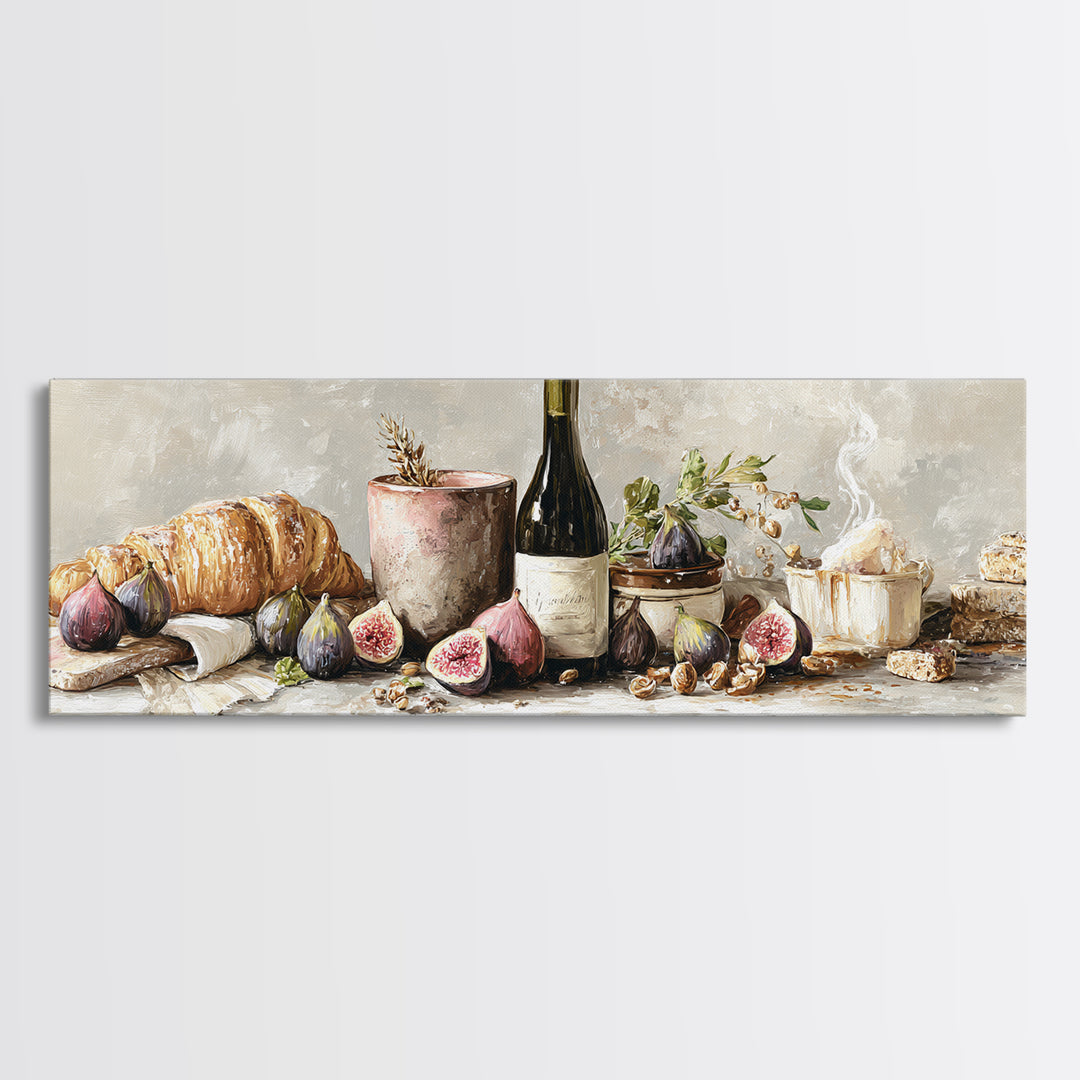 Wine Bottle and Figs Framed Canvas Print, Restaurant Art, Boho Decor, Restaurant Decor, Oil Painting, Bistro, RES-3x1-89